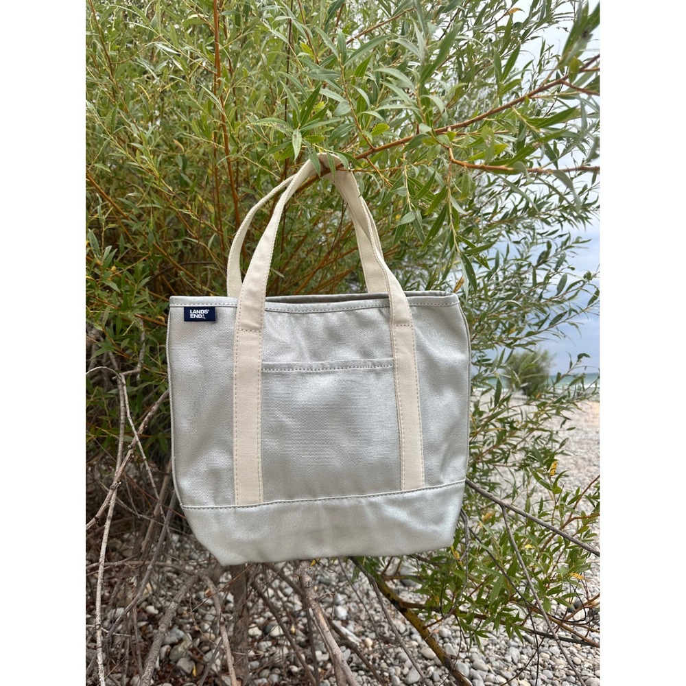 Lands' End Heavy Duty Canvas Tote Bag Bold Silver and Cream Multiple Pockets